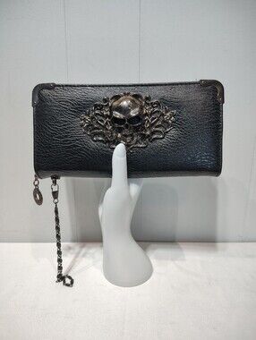 Black Gothic 3D Metal Skull Zip Around Wallet Chain Wristlet Clutch PU Leather